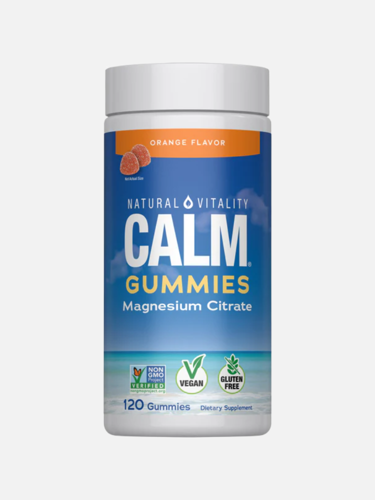 A bottle of Natural Vitality CALM Gummies, magnesium citrate, orange flavor, 120 count, labeled as non-GMO, vegan, and gluten-free.