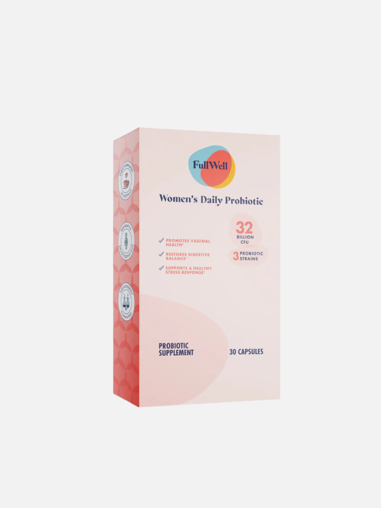 A box of FullWell Women's Daily Probiotic, containing 30 capsules and featuring benefits for vaginal health, digestion, and immunity.