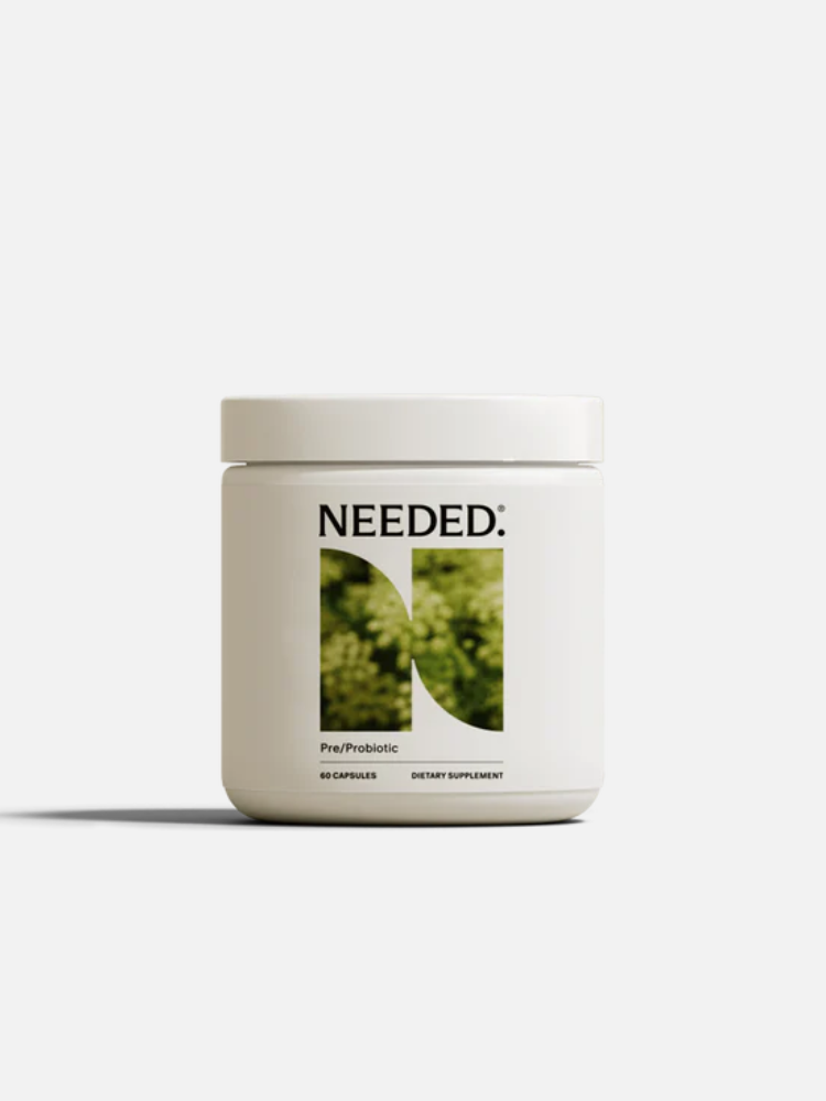 A white container labeled "NEEDED: Pre/Probiotic" with a green abstract design, containing 60 dietary supplement capsules.