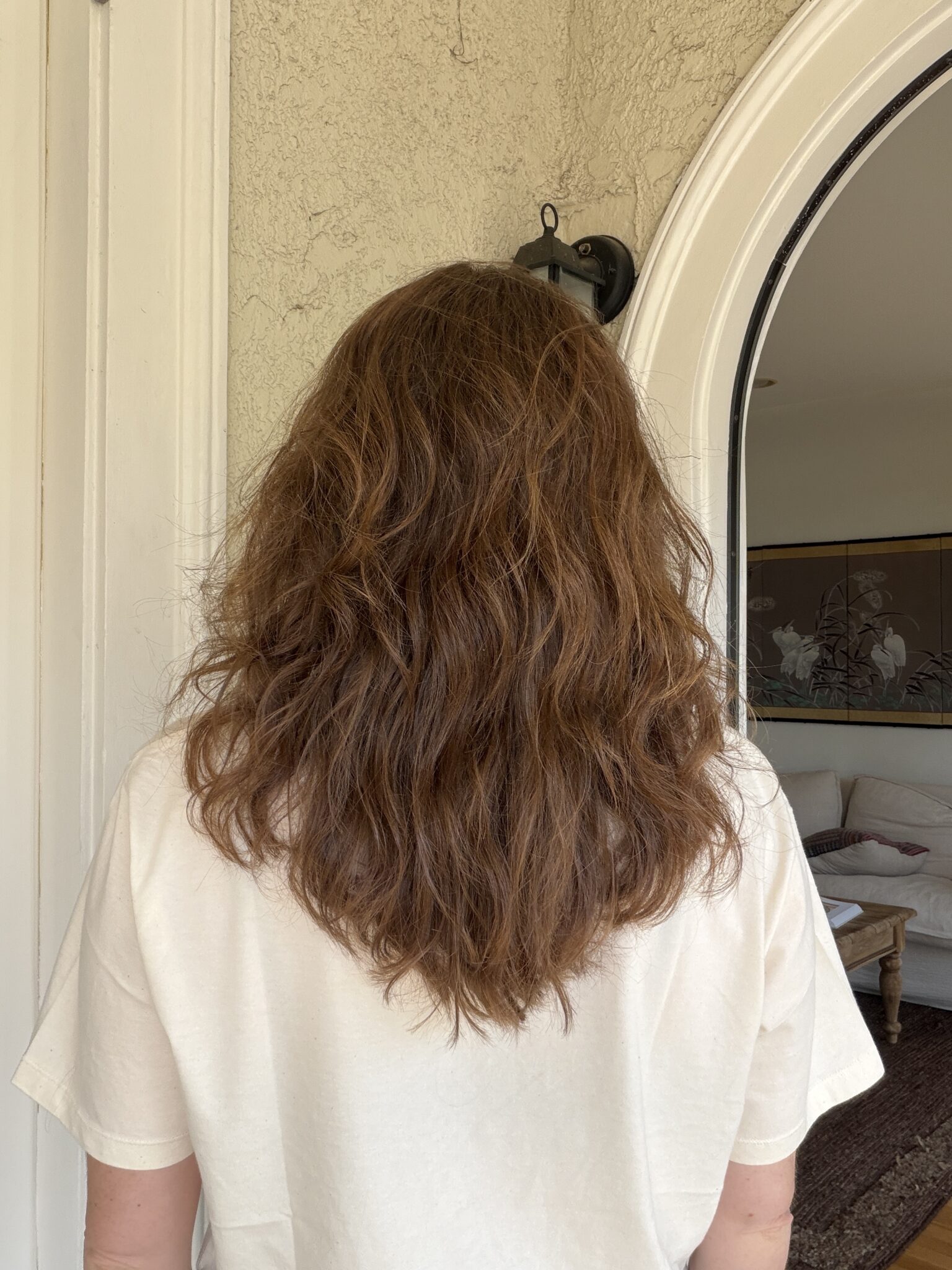 Person with shoulder-length wavy brown hair, seen from behind, wearing a white shirt, standing indoors near a doorway and a textured wall.