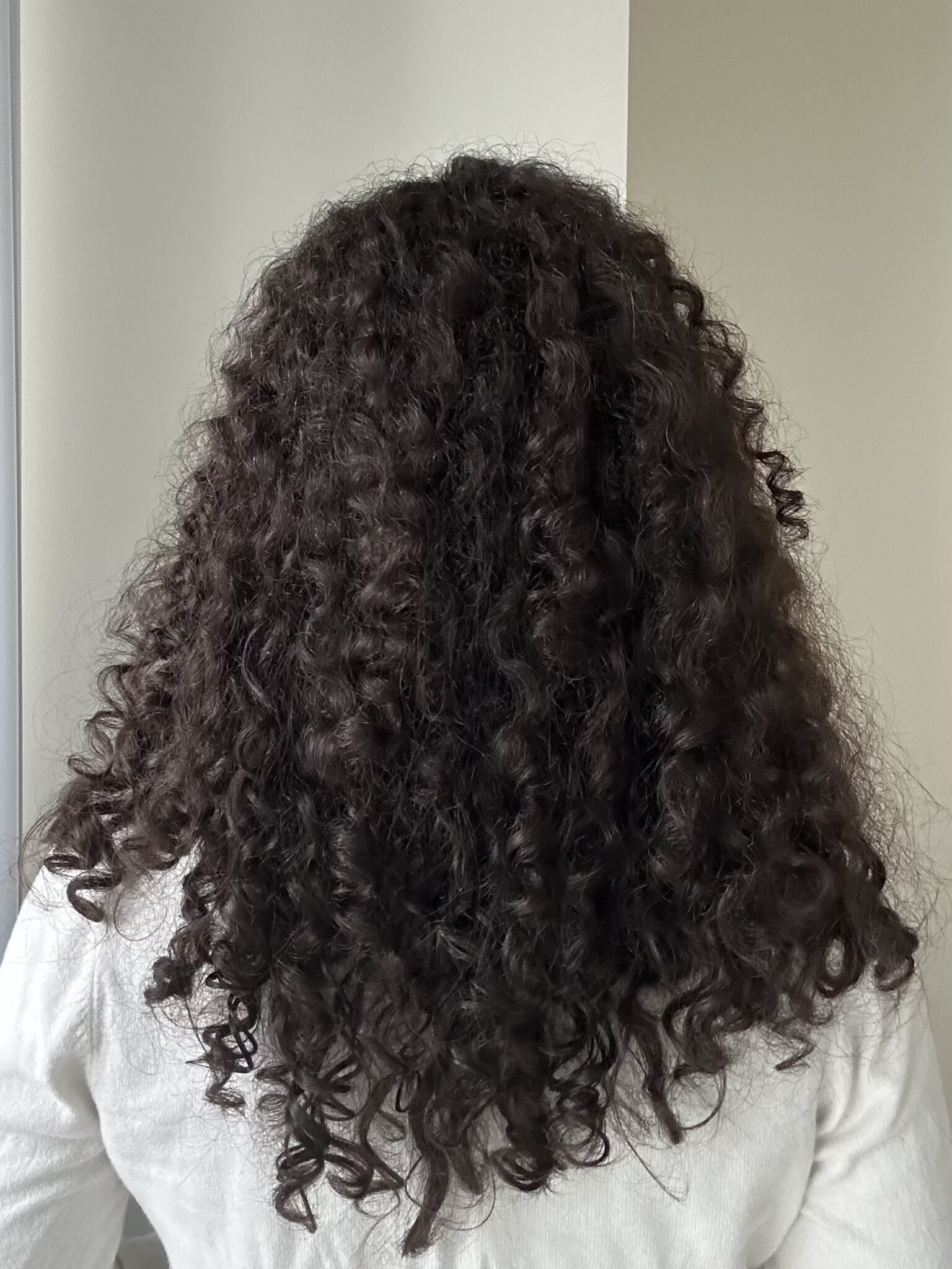 Person with long, dark, curly hair is standing with their back to the camera against a neutral indoor background, wearing a white top.