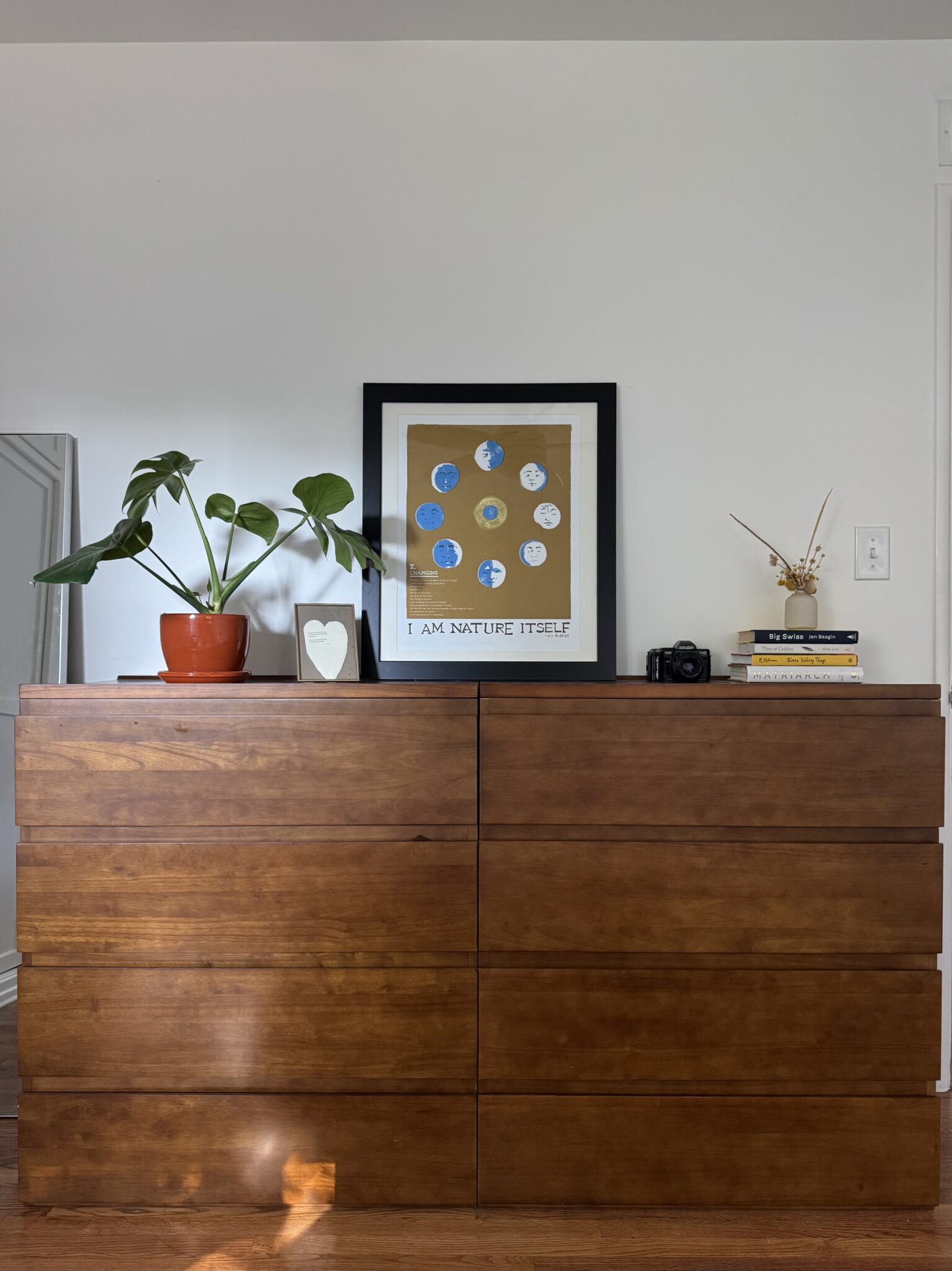 A wooden dresser with a potted plant, framed art, small camera, books, and decorative items arranged on top against a white wall.