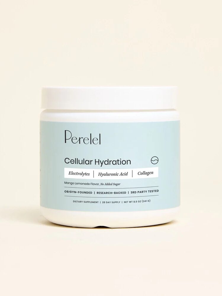 A white container of Perelel Cellular Hydration dietary supplement with a light blue label on a plain off-white background.