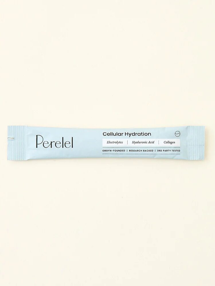 A single-use packet labeled “Perelel Cellular Hydration” with electrolytes, hyaluronic acid, and collagen on a plain light background.
