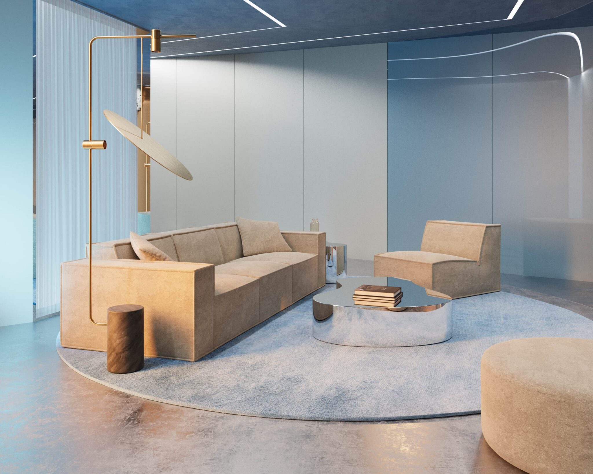 Modern living room with beige sofa, armchair, and ottoman on a light blue circular rug, metallic coffee table, curved glass wall, and a large gold floor lamp.