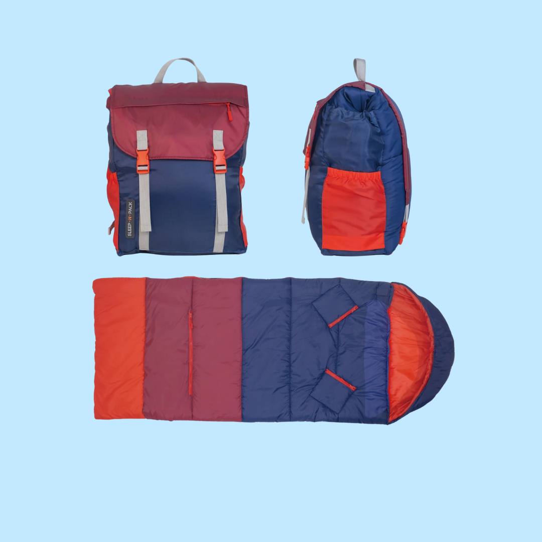 A set of three items on a light blue background: a red and blue backpack, a matching side view, and a red and blue sleeping bag laid flat.