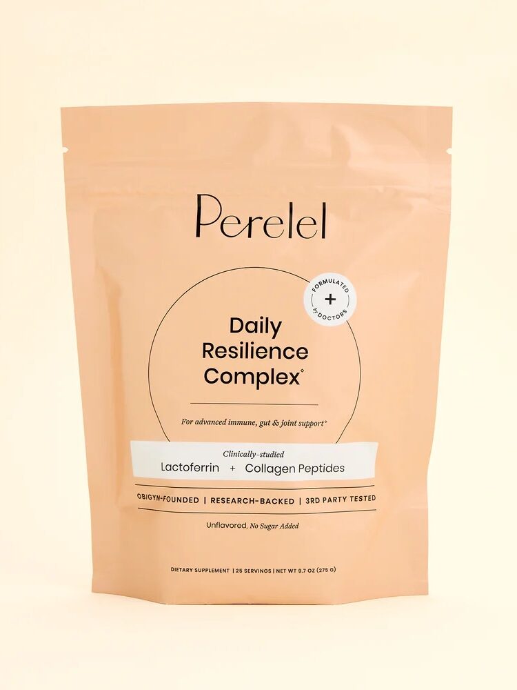 A peach-colored resealable pouch labeled "Perelel Daily Resilience Complex" dietary supplement with lactoferrin and collagen peptides.