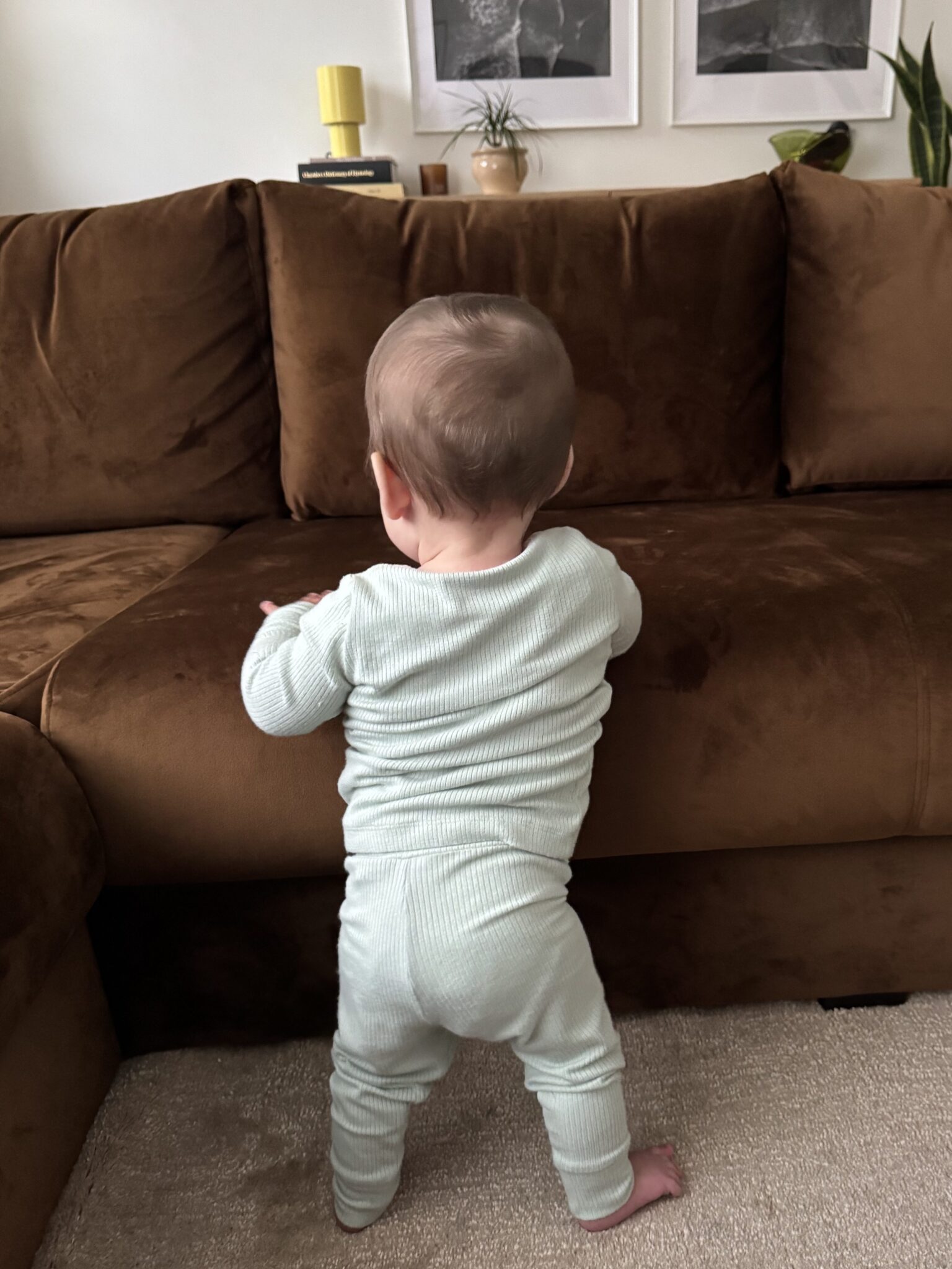 A baby in a light green outfit stands facing a brown sofa, holding onto it for support in a living room with framed photos and plants in the background.