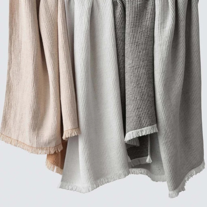 Five waffle-weave towels in neutral shades of beige, white, gray, and brown hang side by side, each with fringed edges.