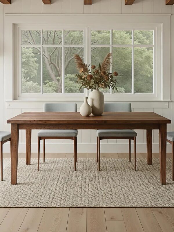 A wooden dining table with three chairs sits on a textured rug in a bright room with large windows, white walls, and vases with dried flowers as a centerpiece.
