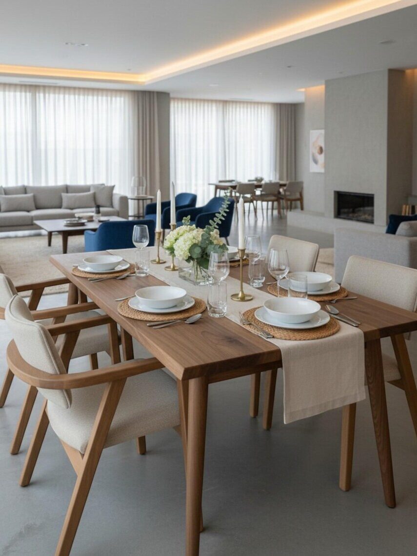 Modern open-plan living and dining area with a wooden table set for six, neutral sofas, large windows with sheer curtains, and minimal decor.