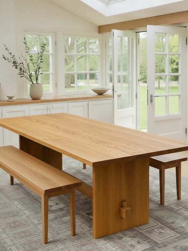 A wooden dining table with matching benches sits on a patterned rug in a bright room with large windows and doors overlooking a green garden.