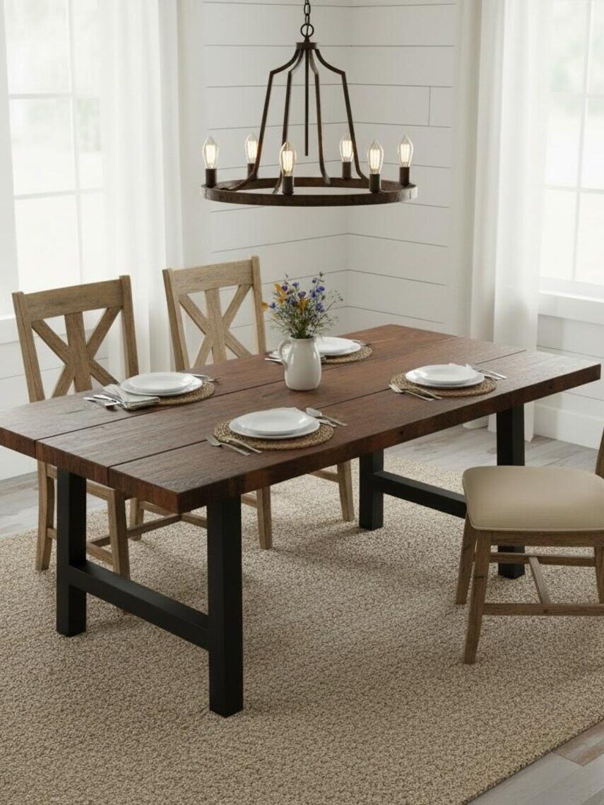 A wooden dining table set for four with plates and a vase of flowers, surrounded by wooden chairs, under a metal chandelier in a bright room with white walls and large windows.