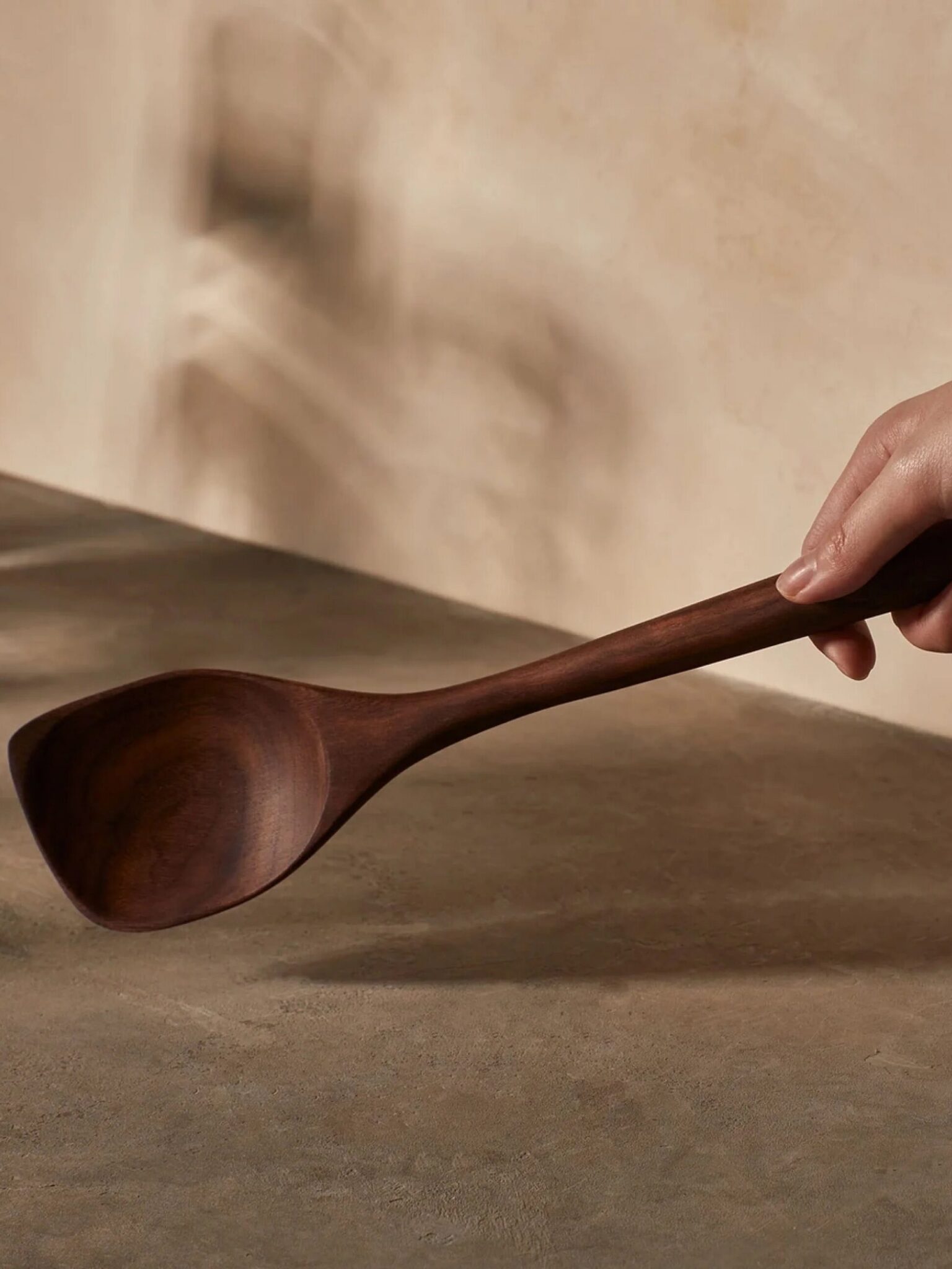 A hand holding a dark wooden spoon over a textured brown surface with a neutral background.