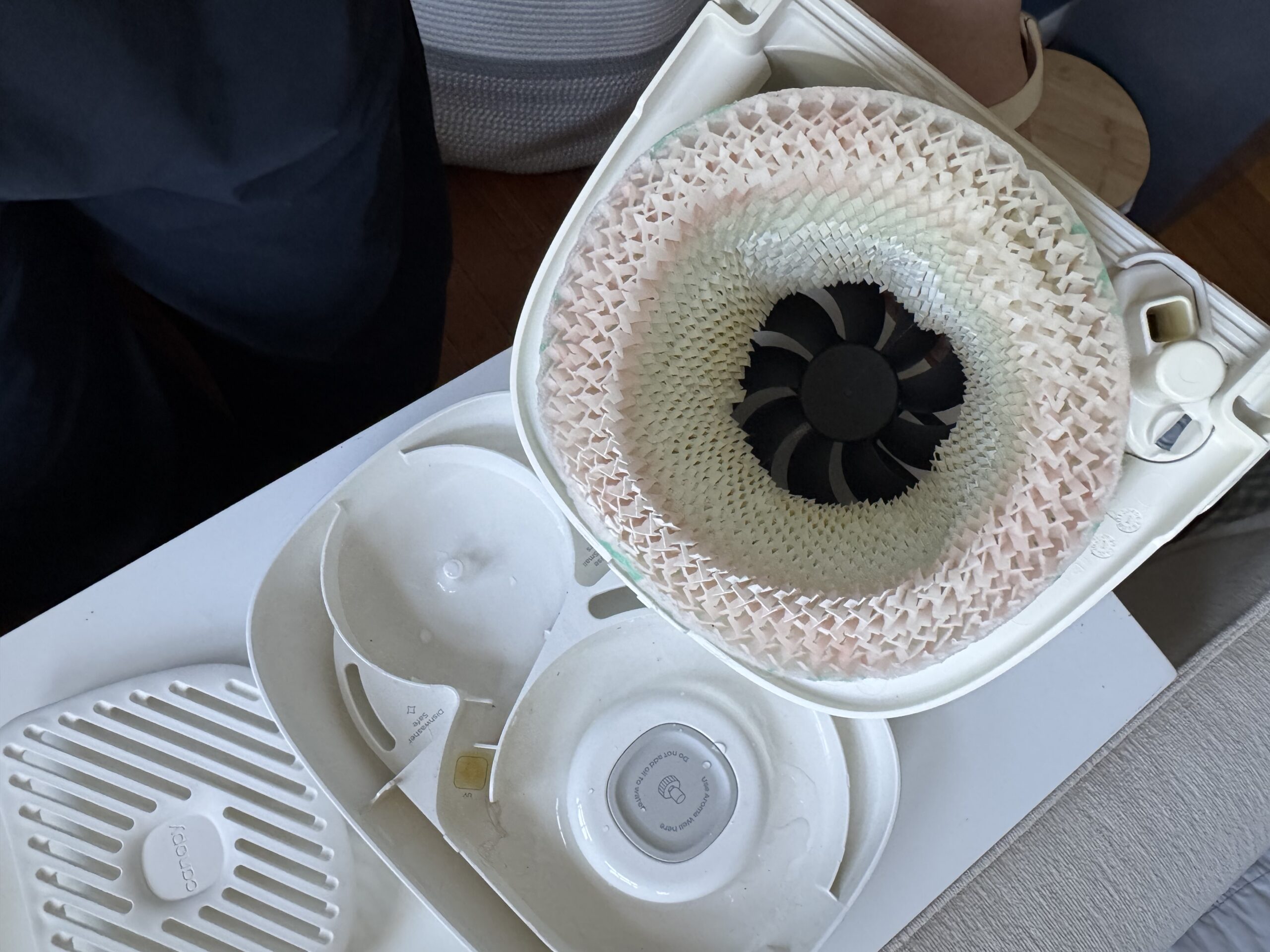 Close-up of an opened air purifier showing a used, discolored filter and internal fan components on a white surface.