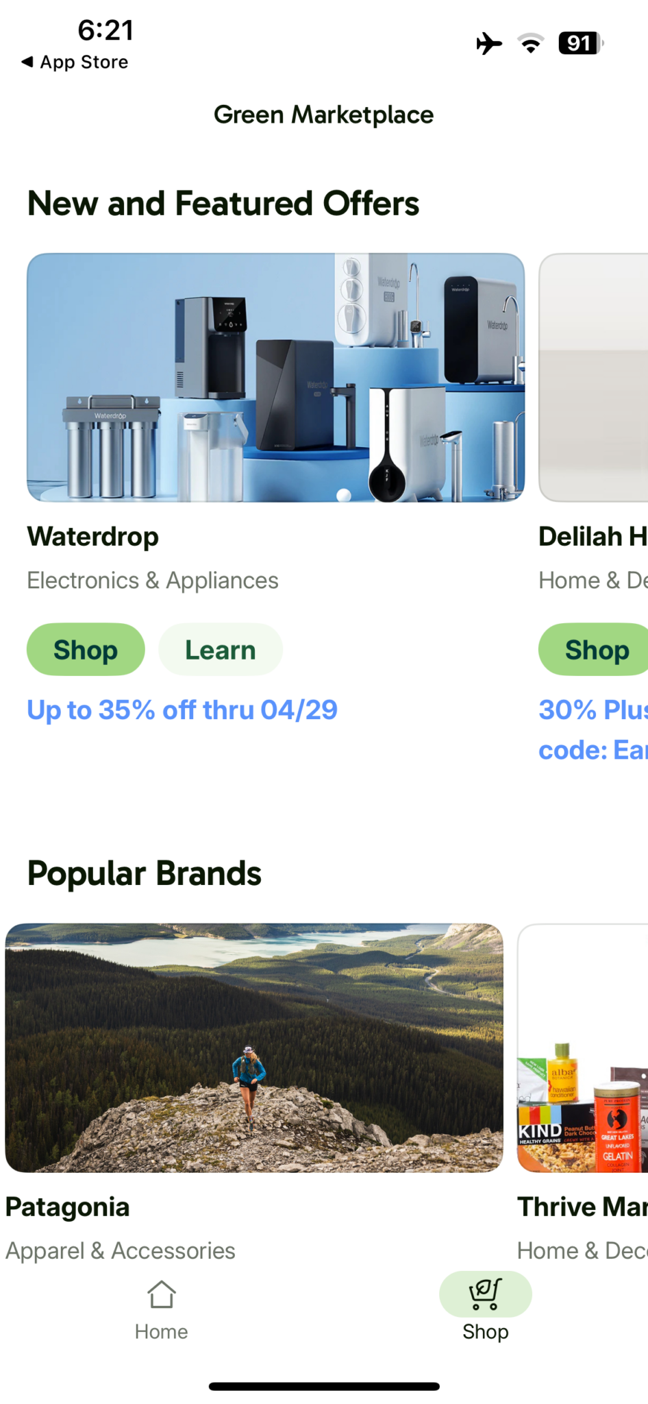 Screenshot of a mobile app page showing new offers on electronics and popular brands, including a Waterdrop appliance deal and a Patagonia apparel image.