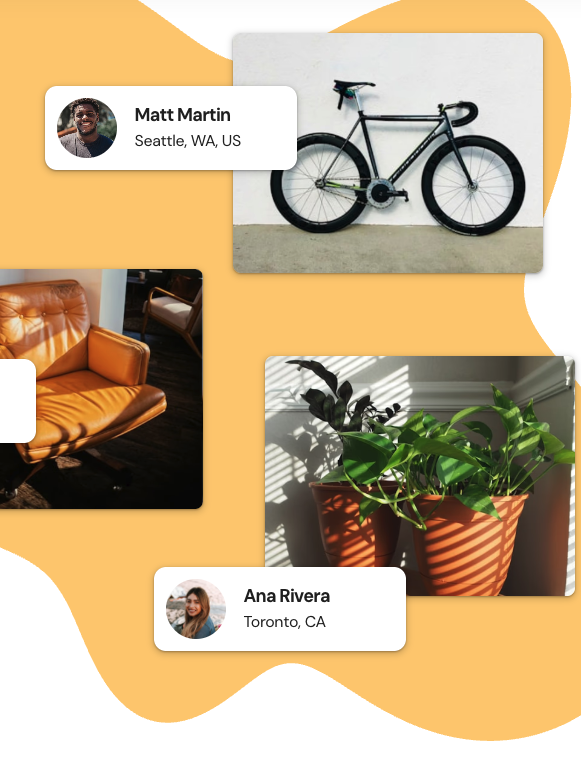 A collage shows a black bicycle against a white wall, a yellow armchair, two potted plants, and user profiles for Matt Martin and Ana Rivera with their locations.