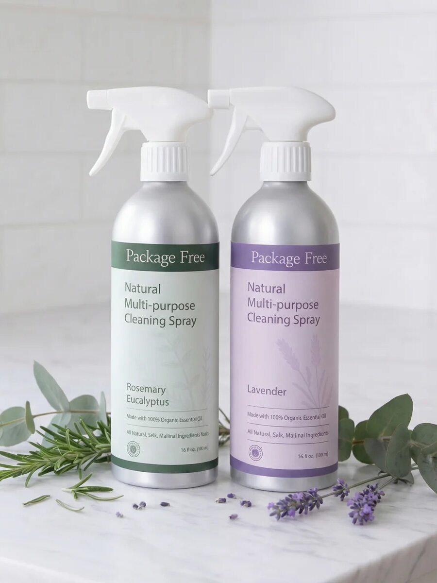 Two spray bottles of Package Free Natural Multi-purpose Cleaning Spray, labeled Rosemary Eucalyptus and Lavender, are displayed on a marble surface with matching fresh herbs.