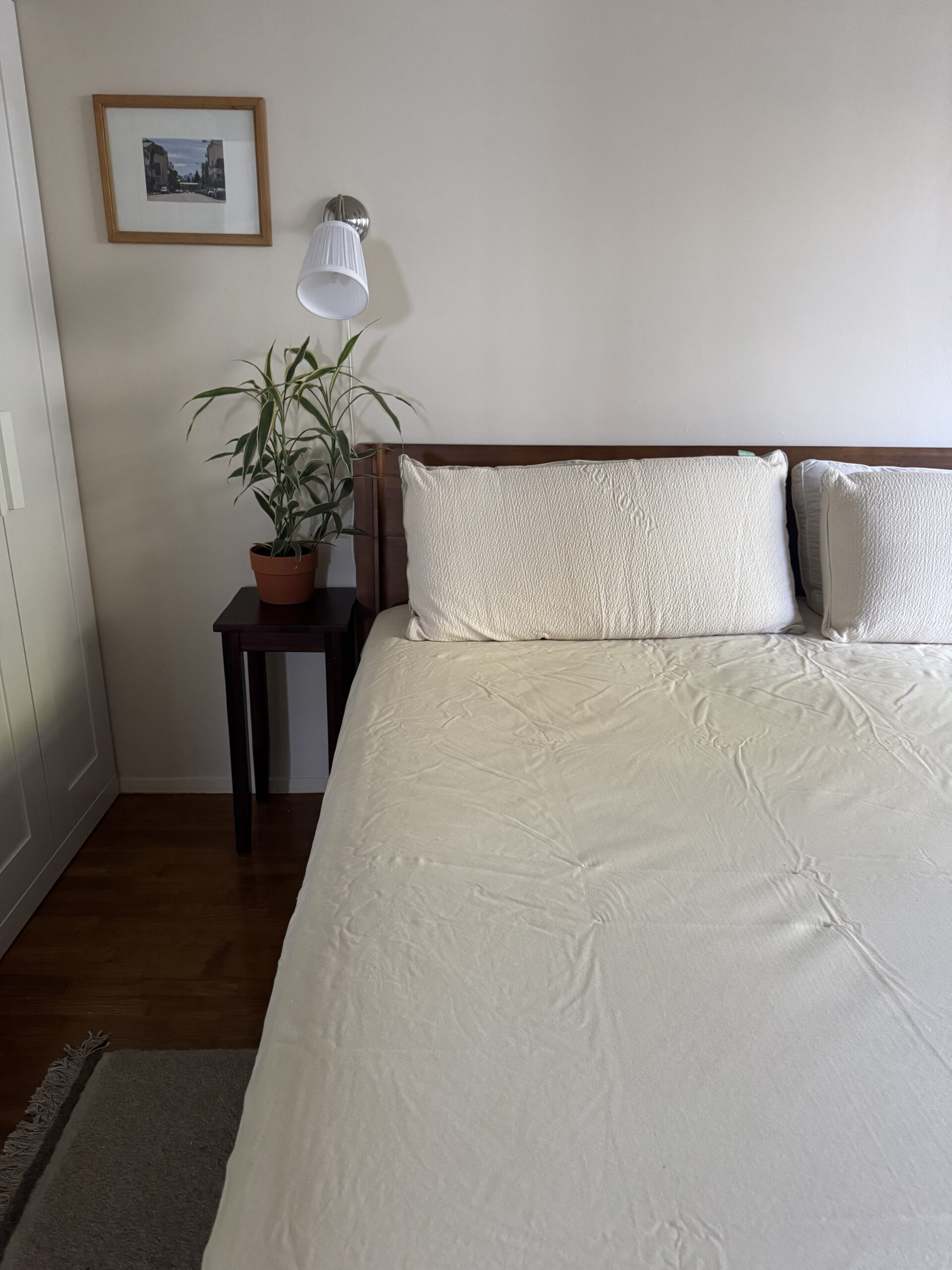A neatly made bed with cream-colored bedding, a small bedside table with a potted plant, a wall lamp, and a framed black-and-white photo on a white wall.