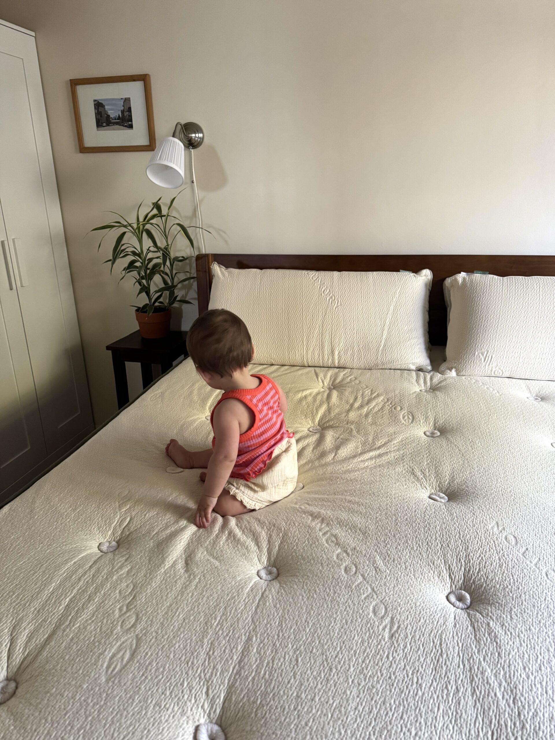 A baby wearing a red and white striped top sits on a neatly made bed next to a potted plant and a lamp on a bedside table.