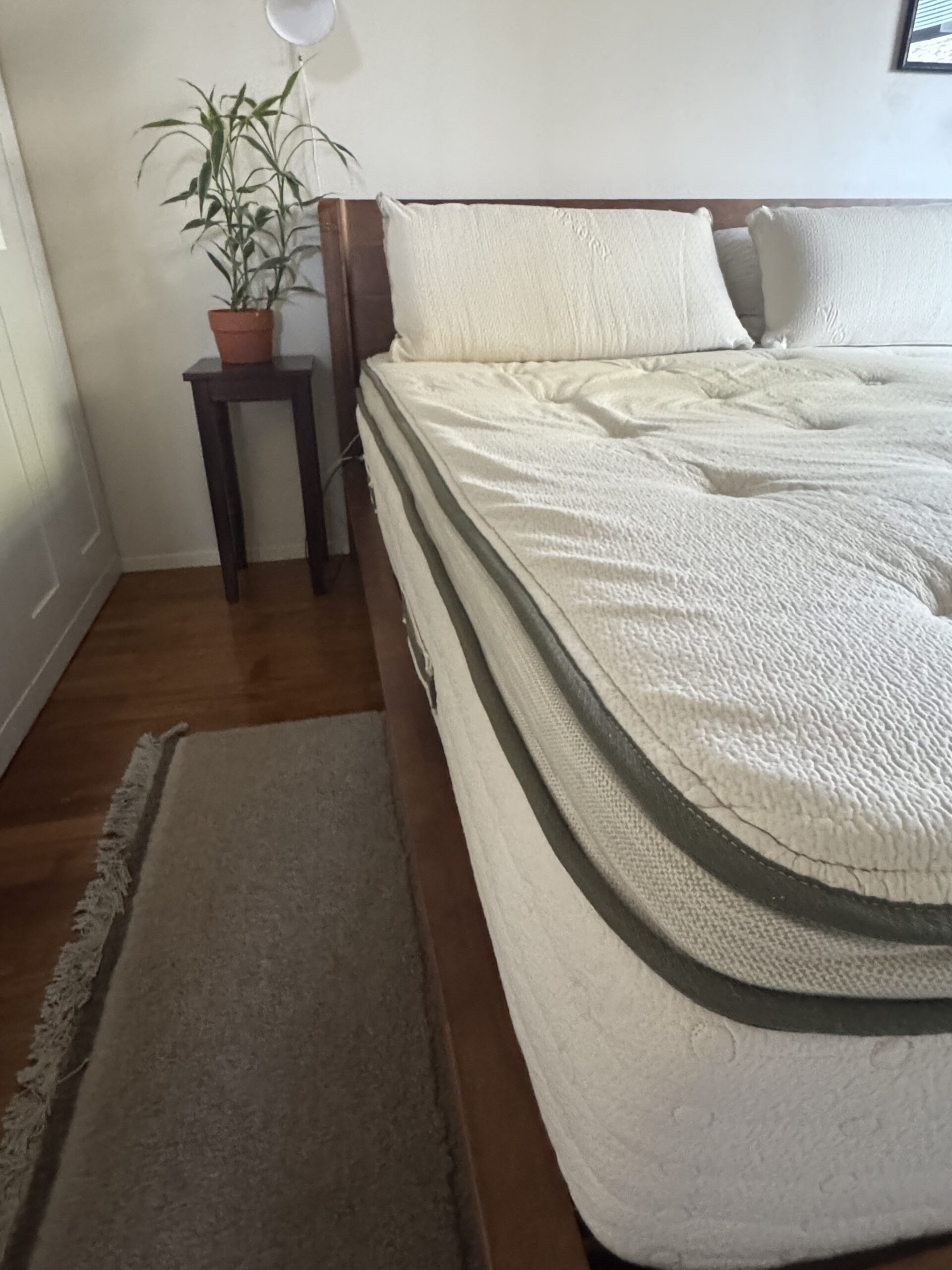 A bed with a partially unzipped mattress cover is shown next to a small table with a potted plant and a beige rug on a wooden floor.