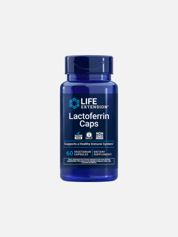 A blue bottle of Life Extension Lactoferrin Caps dietary supplement containing 60 vegetarian capsules, labeled to support a healthy immune system.