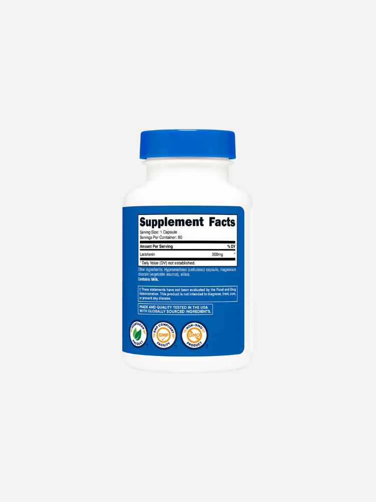 White plastic bottle with a blue cap showing a "Supplement Facts" label, icons for vegan, third-party tested, non-GMO, and Made in USA on the lower part of the label.