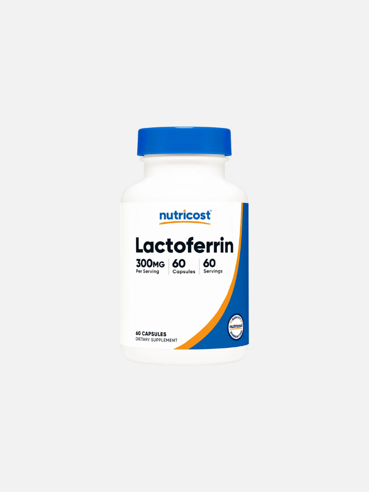 A white bottle of Nutricost Lactoferrin dietary supplement with 60 capsules, 300mg per serving, and a blue cap.