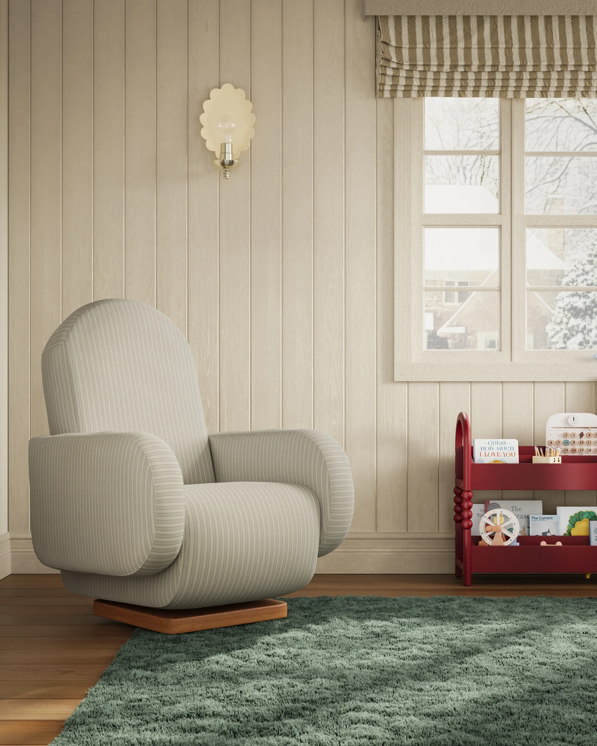 A cozy, striped upholstered armchair sits beside a red bookshelf with children's toys in a light wood-paneled room, featuring a green rug and a window with a snowy outdoor view.