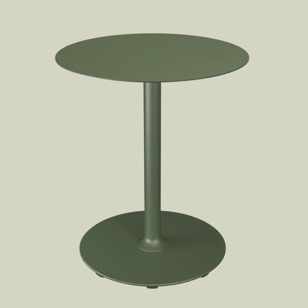 Round olive green metal side table with a central pedestal base, shown against a plain light background.