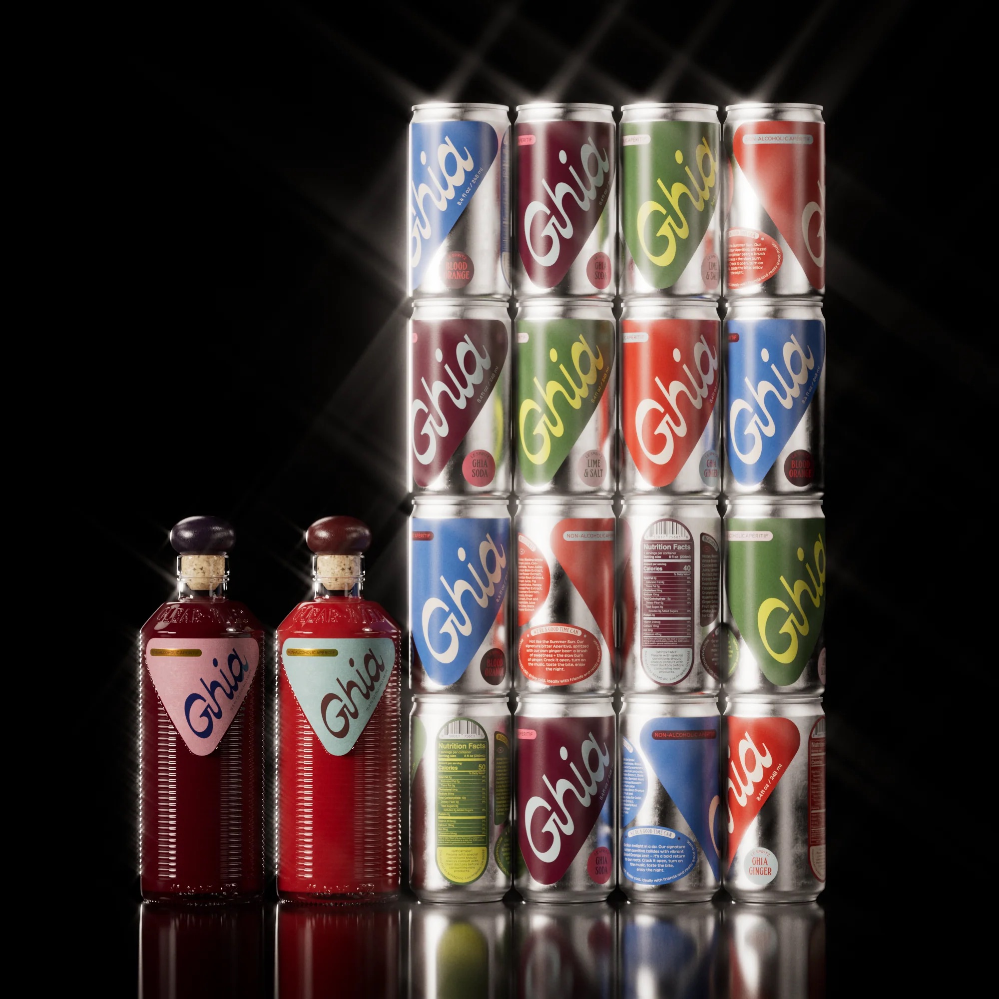Assorted Ghia drinks, including cans stacked in rows and two glass bottles, are arranged against a black background with subtle light reflections.