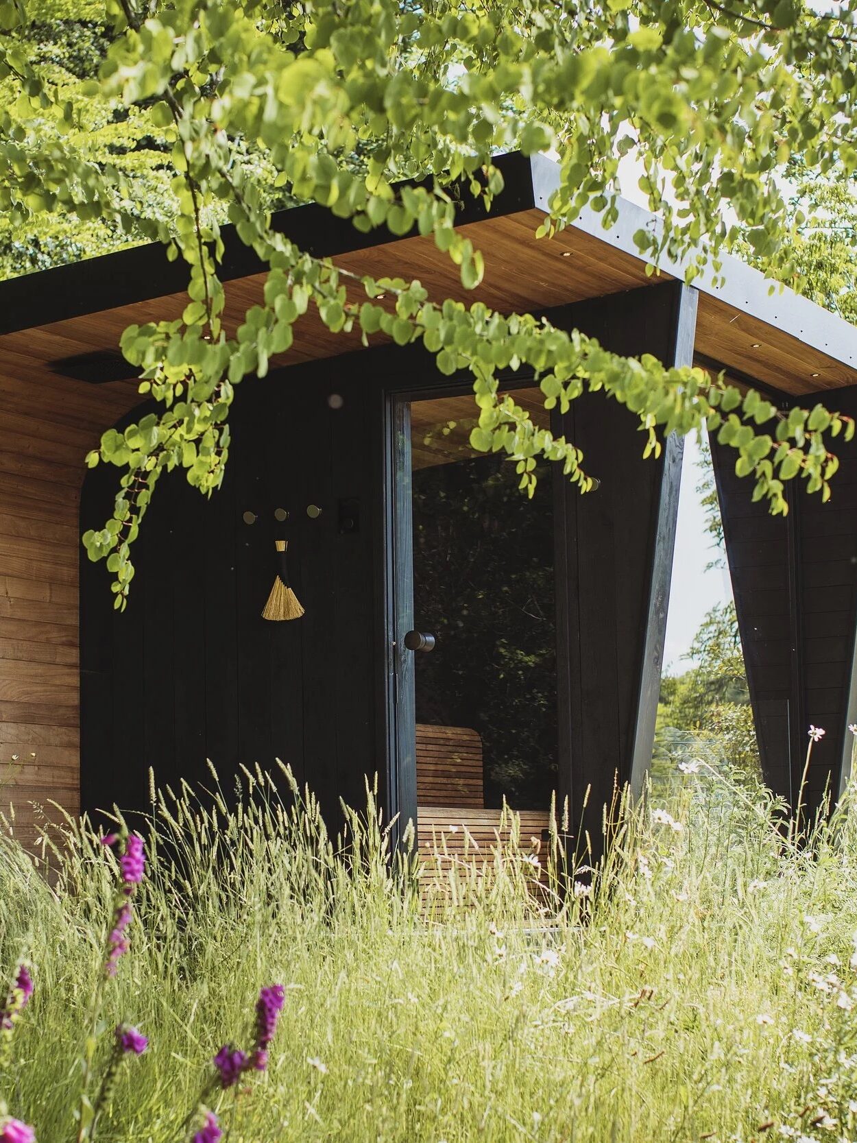 A small, modern wooden cabin with black accents sits in a grassy area surrounded by trees and wildflowers under sunlight.