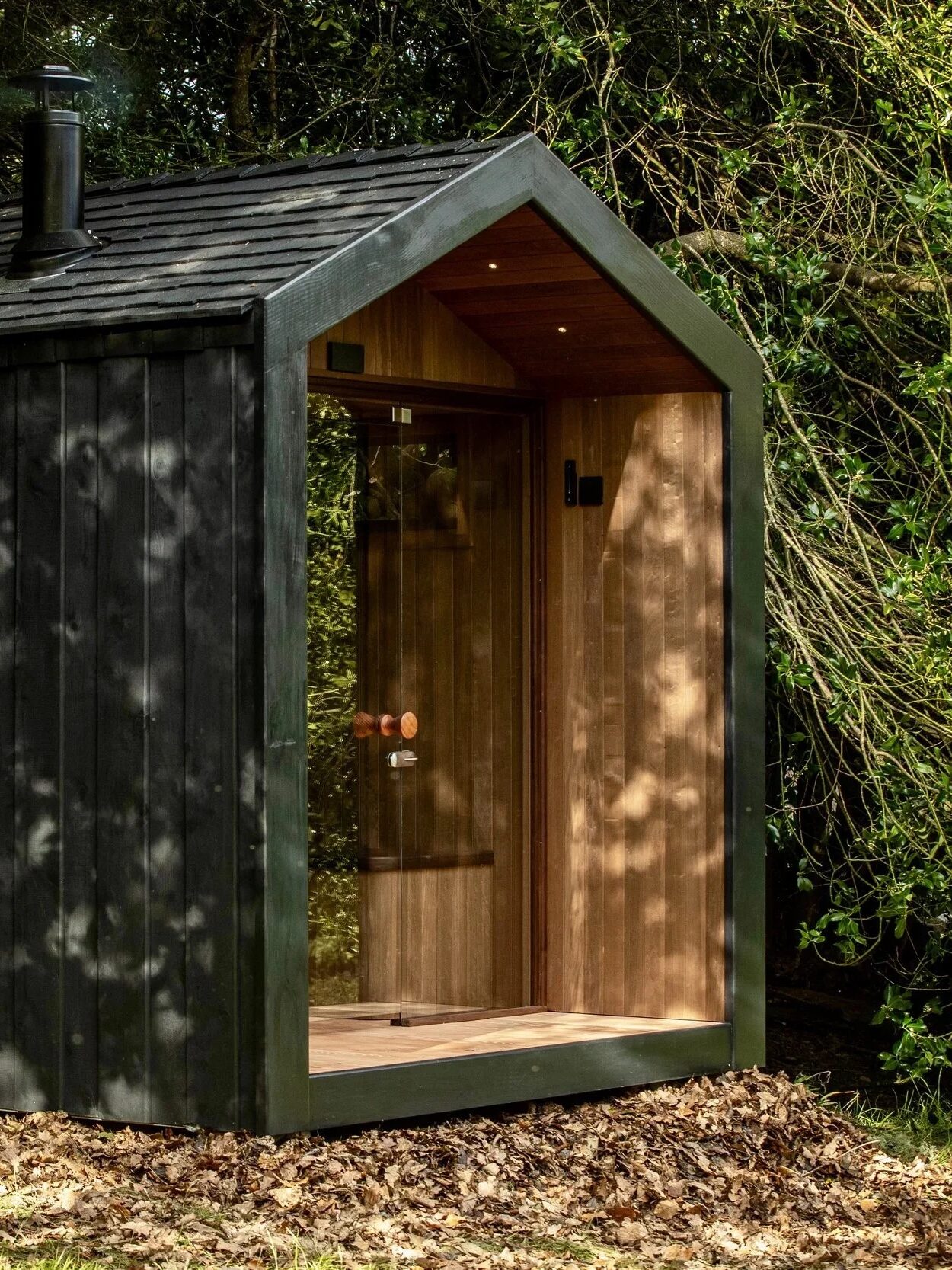 A small black wooden cabin with a glass door and window sits among trees and fallen leaves, partially shaded by branches.