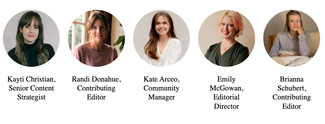 Five women, each in a separate portrait, with names and editorial roles labeled below—Kayti Christian, Randi Donahue, Kate Arceo, Emily McGowan, and Brianna Schubert—share their insights on choosing the perfect organic mattress.
