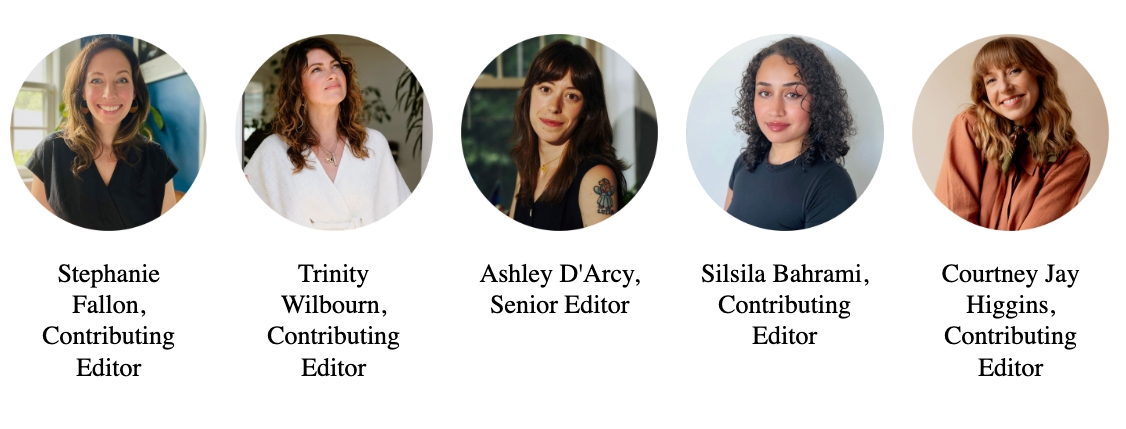 Five women, each in a circular portrait, are labeled as editors: Stephanie Fallon, Trinity Wilbourn, Ashley D'Arcy, Silsila Bahrami, and Courtney Jay Higgins—experts who know the value of an organic mattress for a restful night.