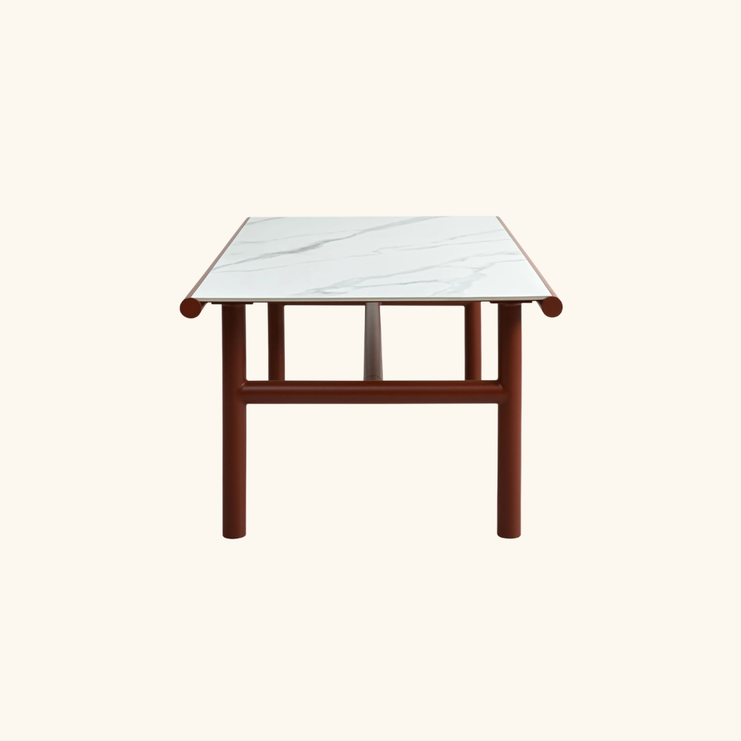 Rectangular table with a white marble top and a brown cylindrical metal base, shown from the front against a plain background.