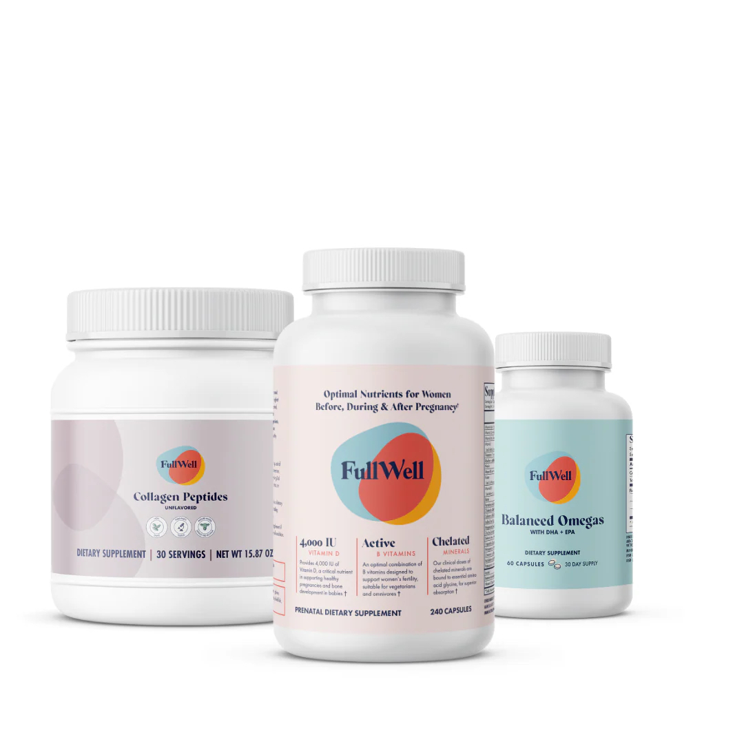 Three FullWell supplement containers—Collagen Peptides, Prenatal Multivitamin, and Balanced Omegas—are displayed against a white background.