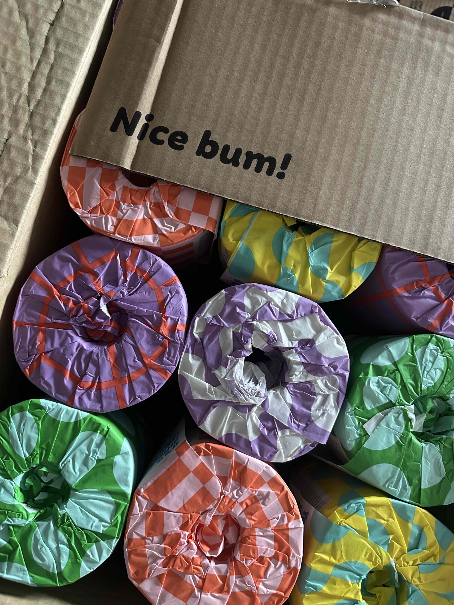 A cardboard box from Who Gives A Crap containing colorful rolls of toilet paper, with the words "Nice bum!" printed on the inside of the box lid.