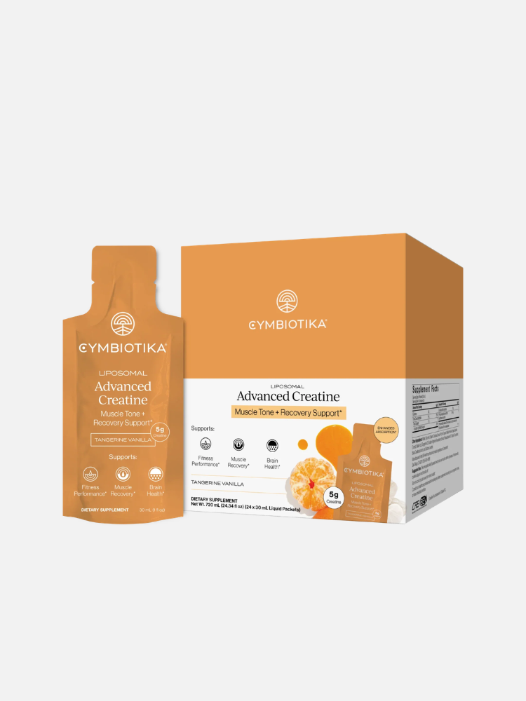 A pouch and box of Cymbiotika Liposomal Advanced Creatine supplement in Mandarin Vanilla flavor, highlighting benefits for muscle tone and recovery support.