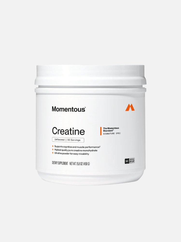 A white container of Momentous Creatine dietary supplement, unflavored, 450g, labeled for muscle performance and hydration support.