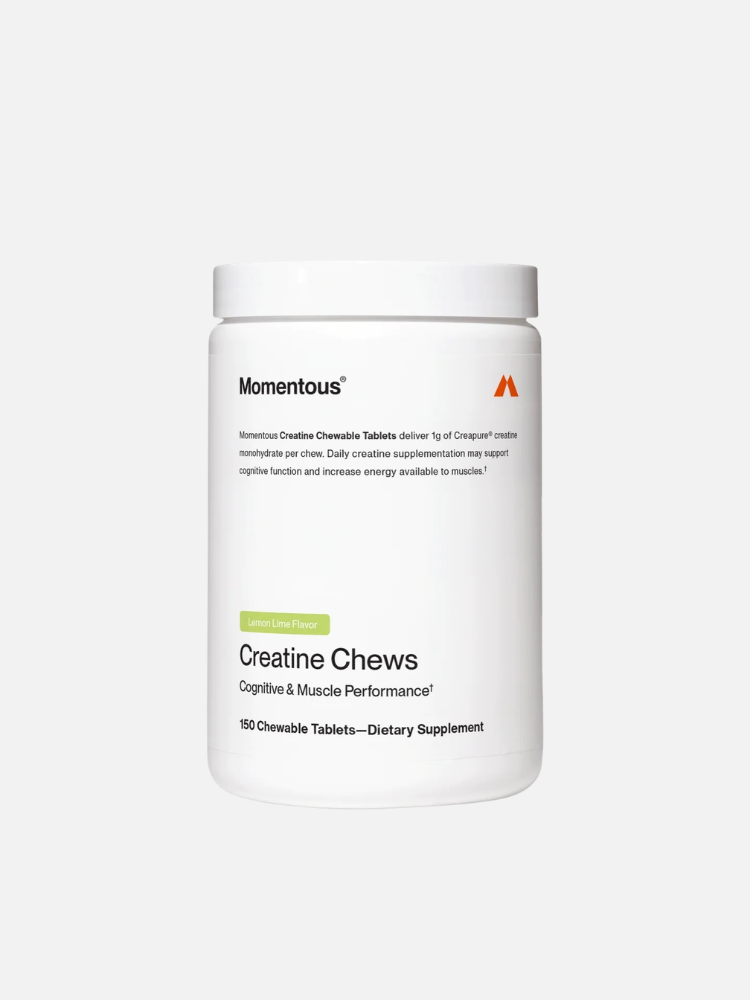 A white container labeled "Momentous Creatine Chews," lemon lime flavor, containing 150 chewable tablets for cognitive and muscle performance.