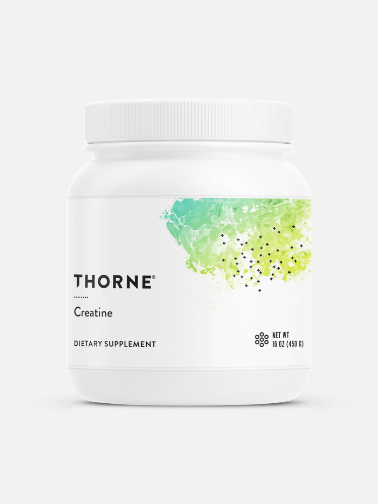 A white container labeled "THORNE Creatine Dietary Supplement" with a green abstract design and a net weight of 16 oz (450 g).