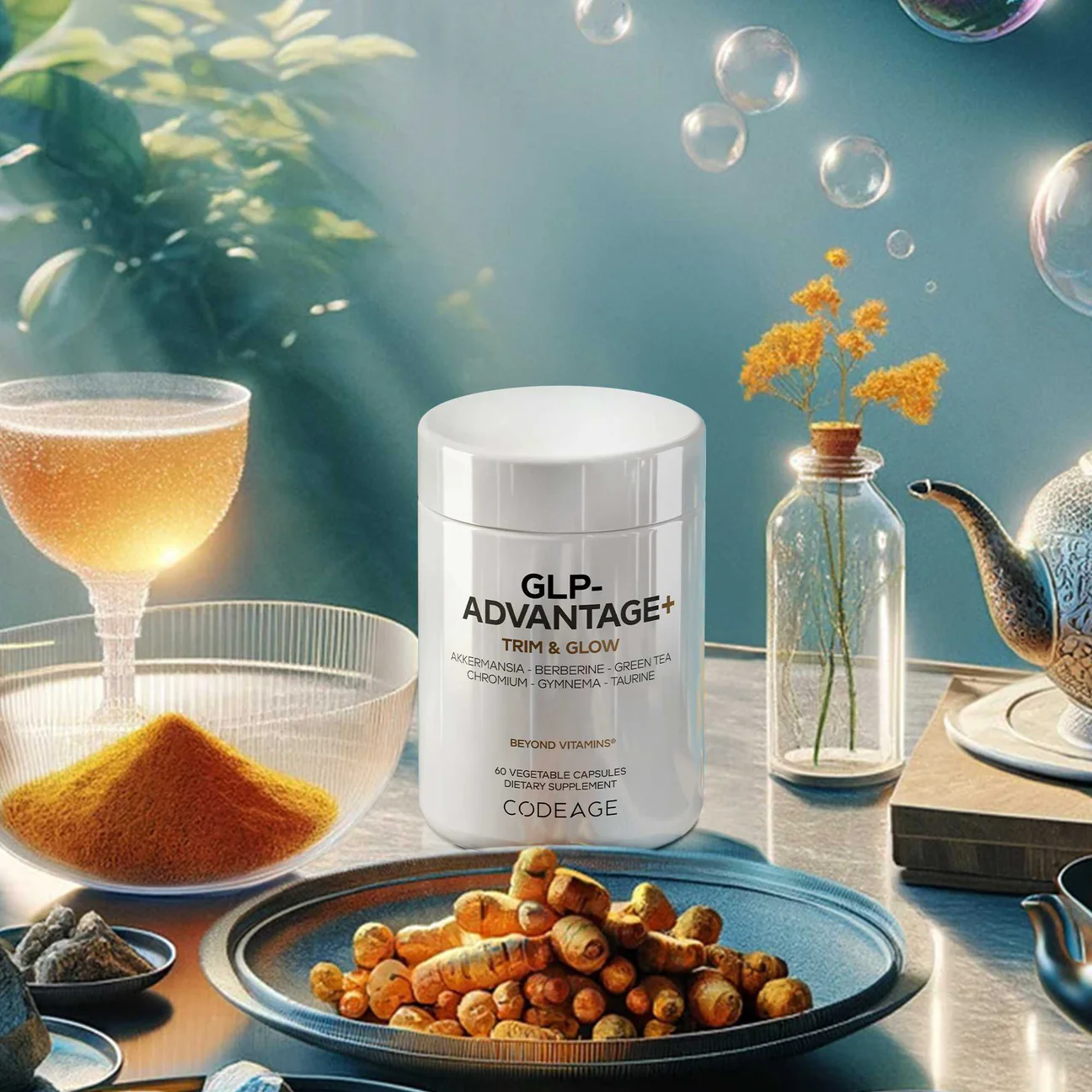 A bottle of GLP-ADVANTAGE+ Trim & Glow capsules is placed on a table with turmeric roots, a glass of drink, flowers, and sunlight streaming in.