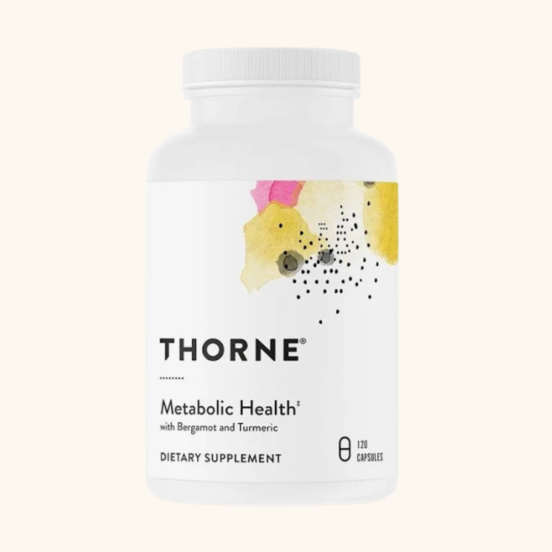 A white bottle of Thorne Metabolic Health dietary supplement with bergamot and turmeric, containing 120 capsules.