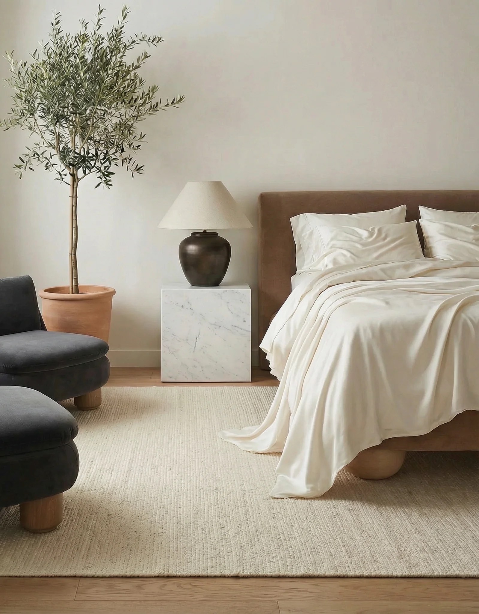 A neatly made bed with cream cooling sheets, a marble nightstand with a lamp, a potted tree, and two dark chairs in a minimalist, neutral-toned bedroom.