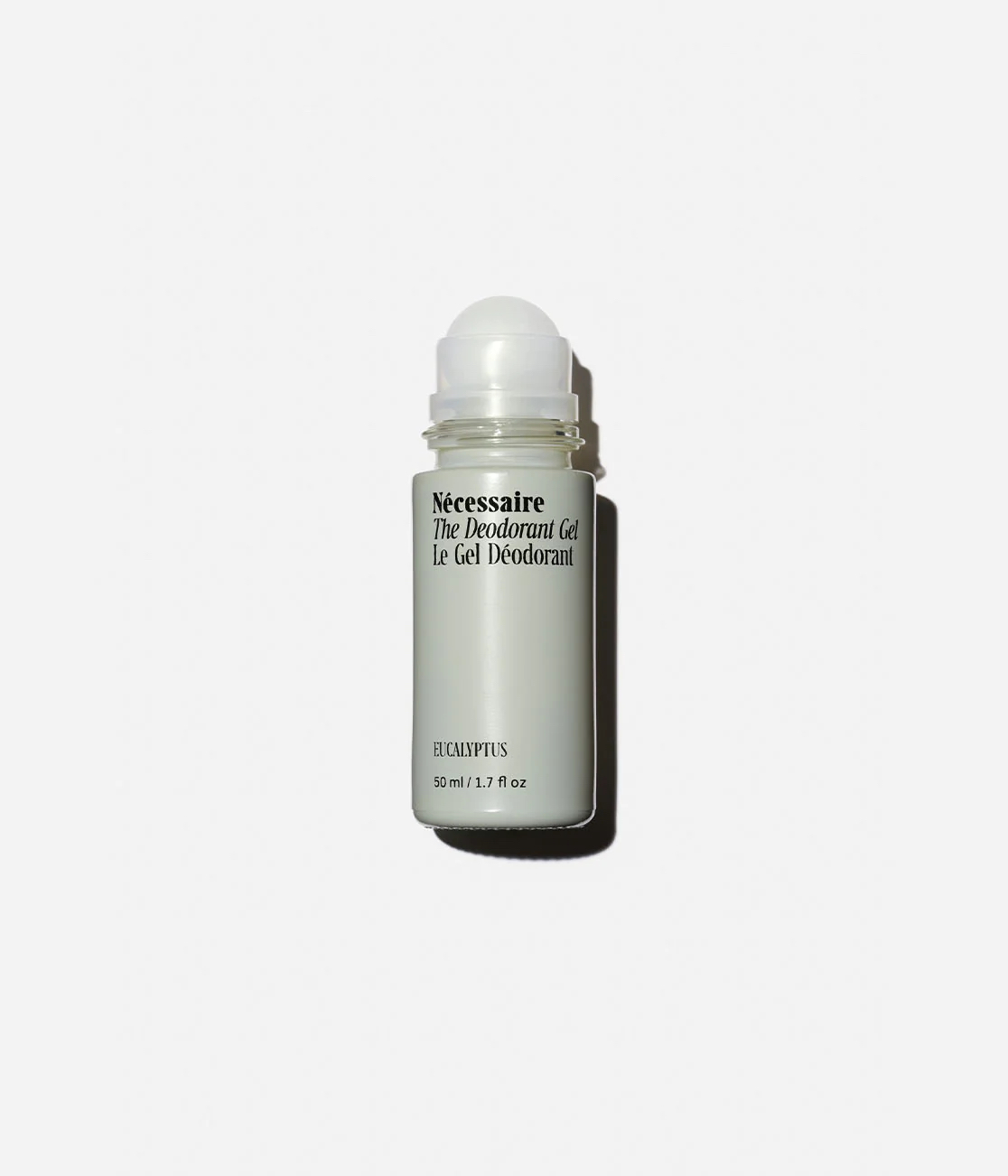 A white roll-on bottle labeled “Nécessaire The Deodorant Gel Eucalyptus, 50 ml / 1.7 fl oz” on a plain white background.