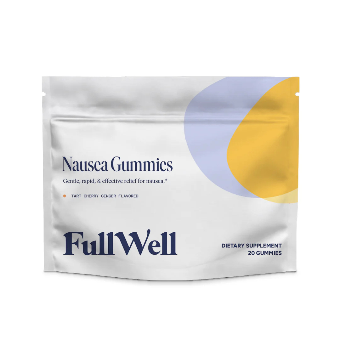 A pouch labeled "Nausea Gummies" by FullWell, tart cherry ginger flavor, containing 20 dietary supplement gummies, with abstract blue and yellow shapes on the packaging.