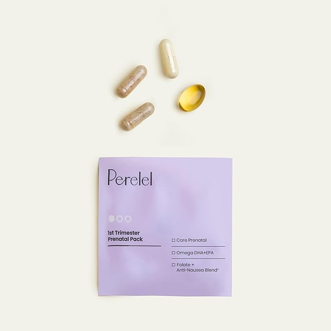A Perel prenatal vitamin packet labeled "1st Trimester Prenatal Pack" is shown with four supplement capsules placed above it on a plain background.