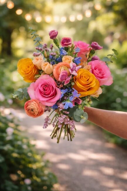 A hand holds a colorful bouquet of roses and other flowers, including pink, yellow, orange, and purple blooms, in an outdoor garden setting.