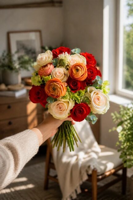 A person holds a bouquet of assorted roses and greenery in a sunlit room with wooden furniture and indoor plants.
